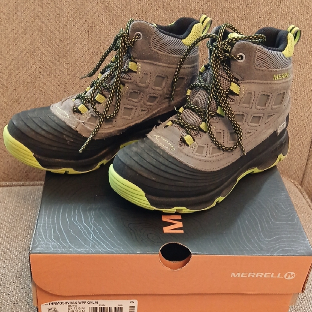 Merrell Boys' Gray, Black, & Lime Green Outdoor Snow Boots, Sz 13.5 M